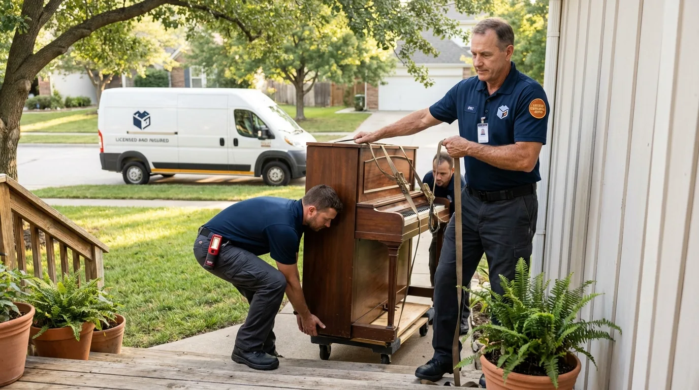 Licensed piano movers securing grand piano in Petersburg, WV