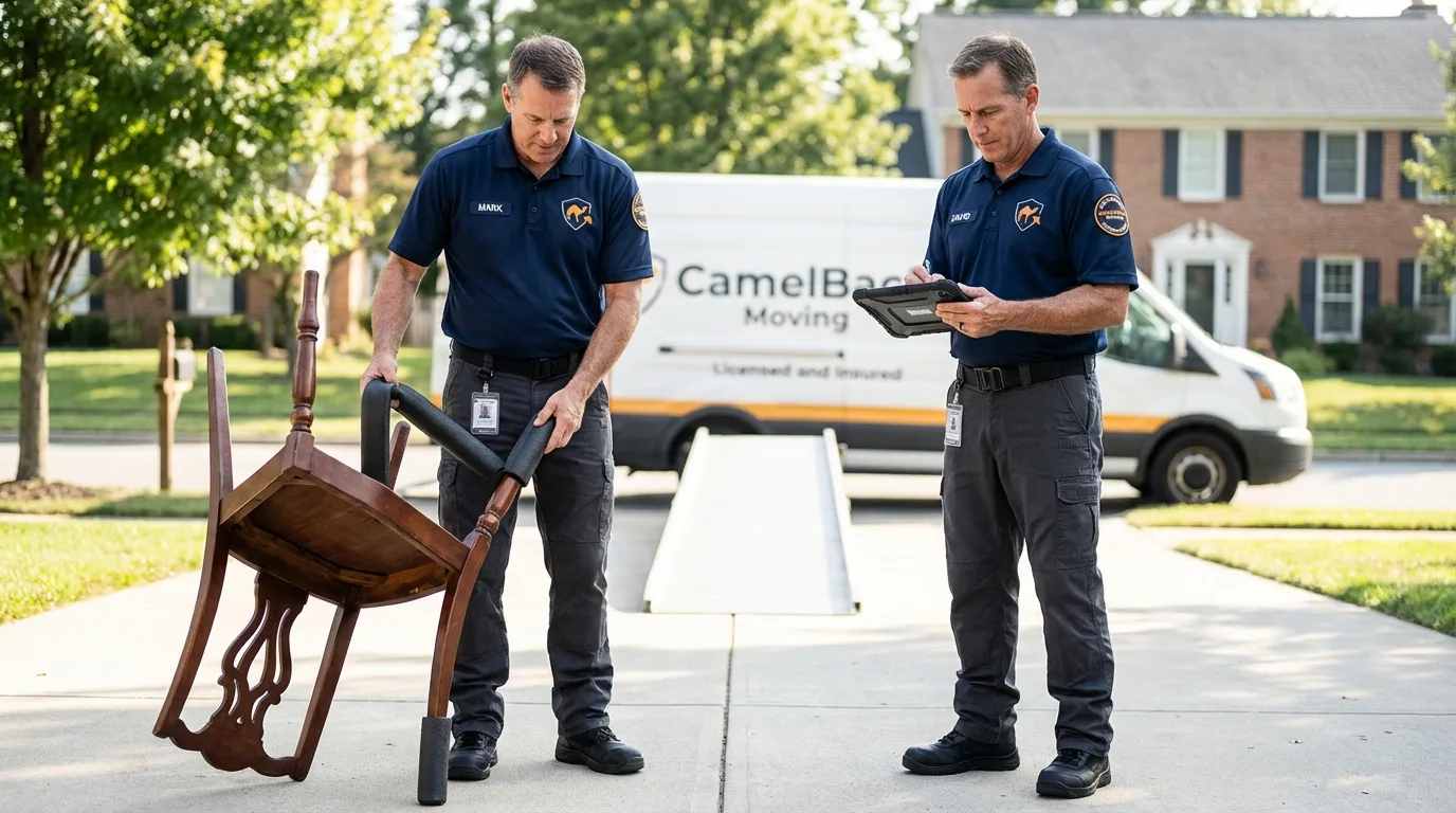 Movers inspecting furniture for damage prevention before loading in Petersburg, WV