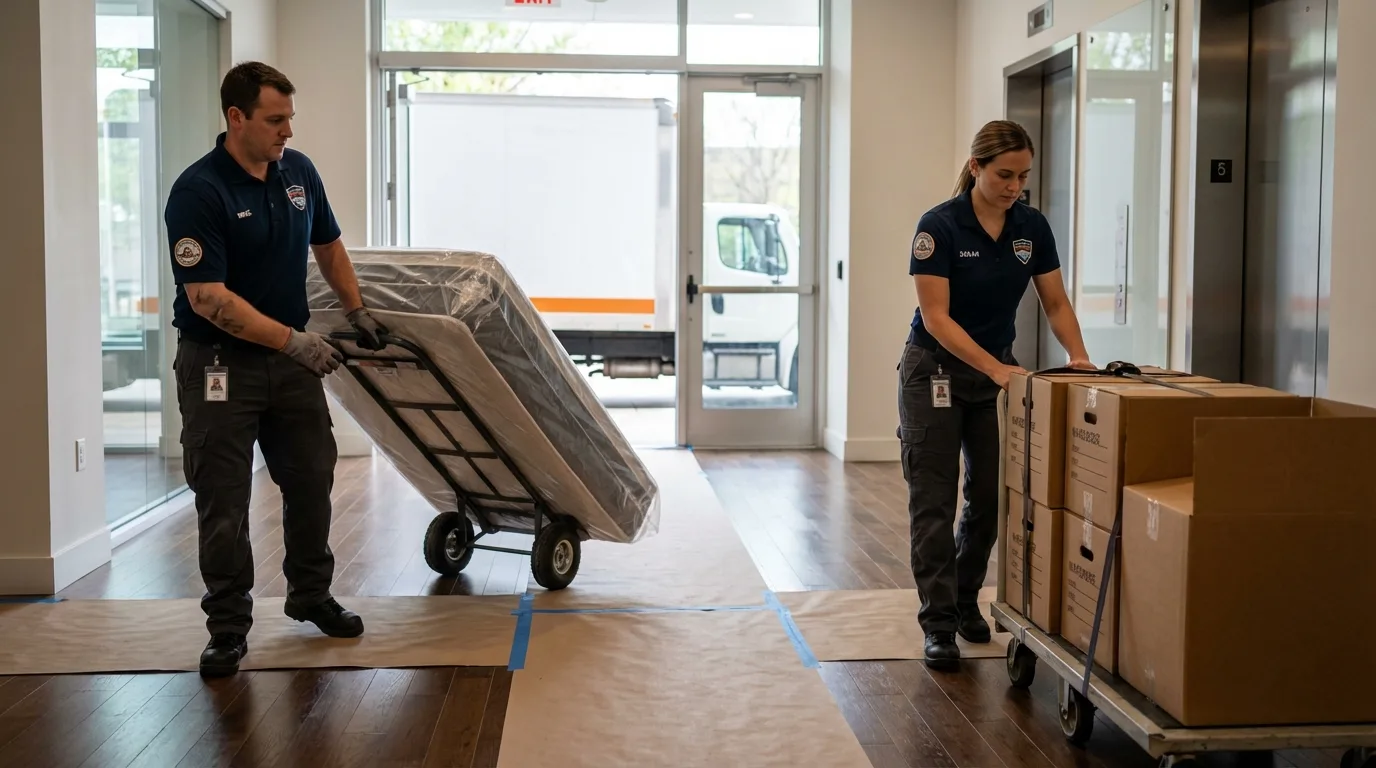 Professional apartment movers loading elevator in Petersburg, WV
