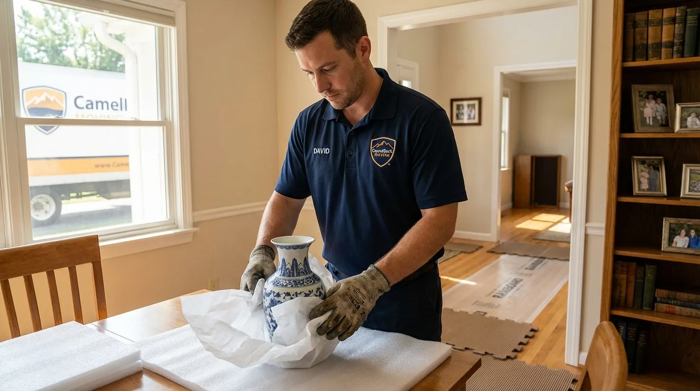 Professional crew carefully wrapping antique vase for senior downsizing move in Petersburg, WV